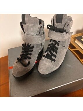Prada Gray Suede High-Top Sneakers with Black Laces